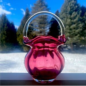 Vintage Cranberry Glass Hand Blown Basket, 5.5” Tall